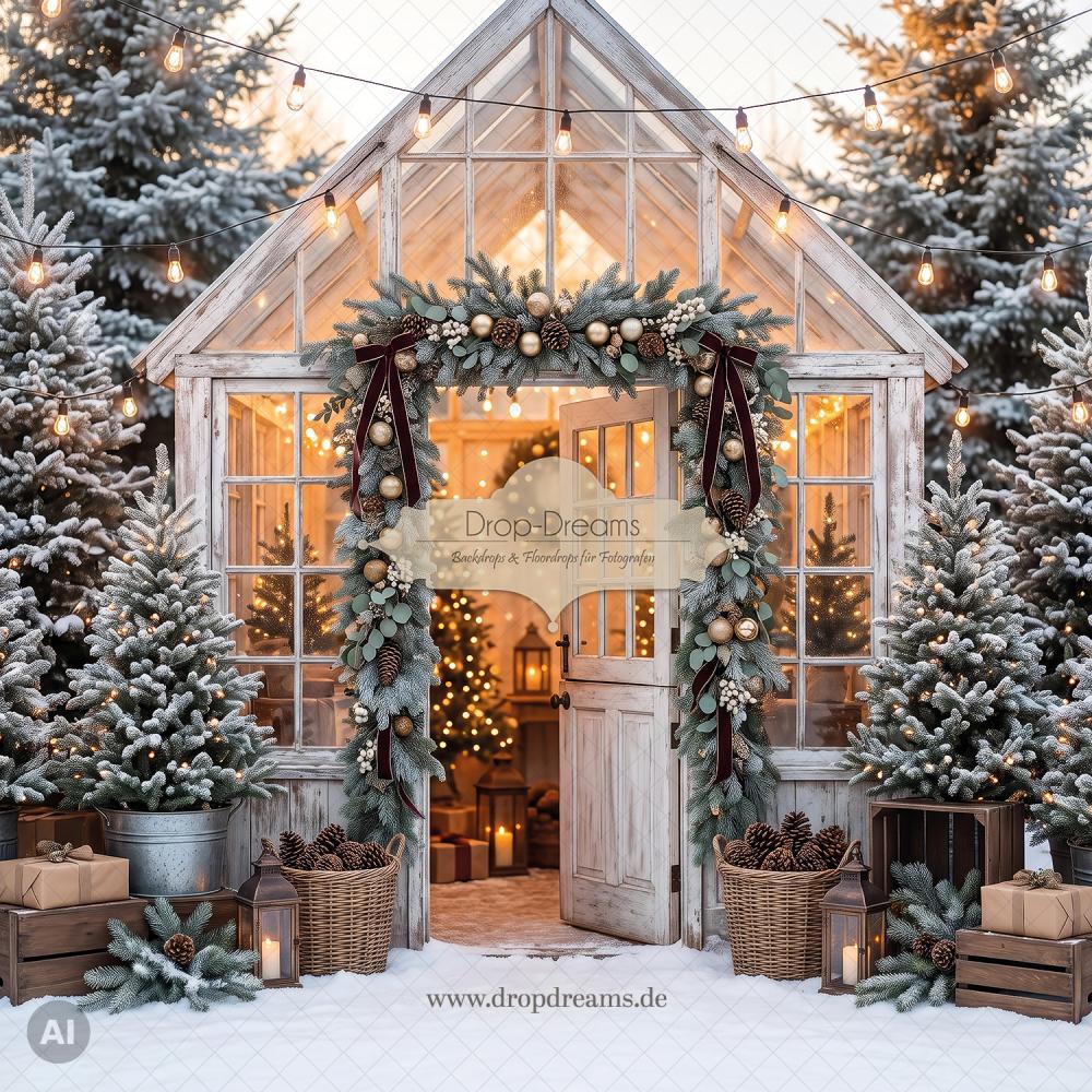 Weihnachts-Backdrop Christmas Greenhouse II mit weißem Gewächshaus, warmem Lichterschein und dunkelroten Samtschleifen in Weiß, Gold und Dunkelrot von Drop-Dreams
